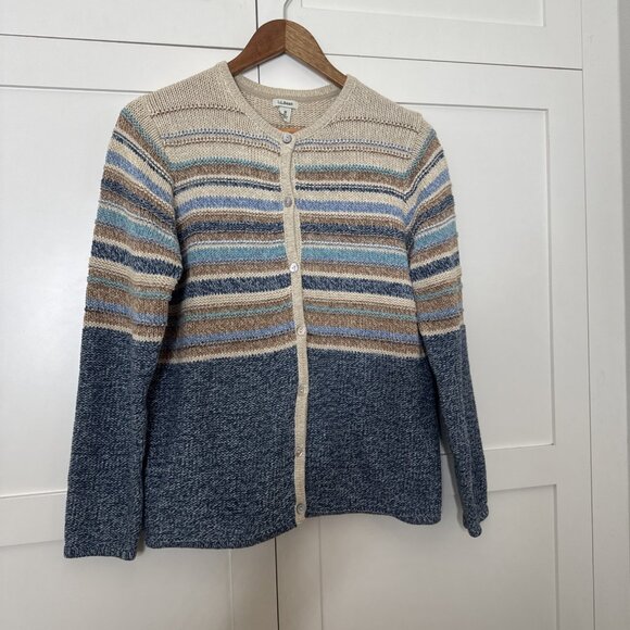 L.L. Bean Knit Striped Button Front Cardigan Sweater Women’s Sz Med 100% Cotton - Picture 7 of 12